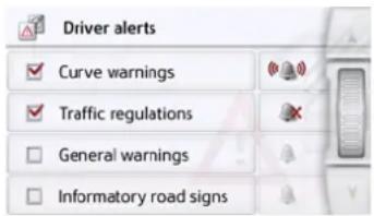 Driver alerts ✓ Curve warnings ✓ Traffic regulations □ General warnings □ Informatory road signs