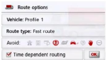 Route options Vehicle: Profile 1 Route type: Fast route Avoid: ✓ Time dependent routing OK