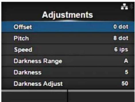 Adjustments Offset 0 dot Pitch 8 dot Speed 6 ips Darkness Range A Darkness 5 Darkness Adjust 50