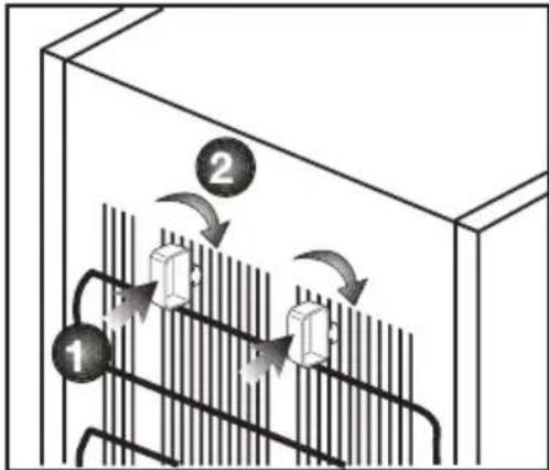 Diagram showing airflow or heat transfer between two labeled components (1 and 2), with arrows indicating direction of movement.