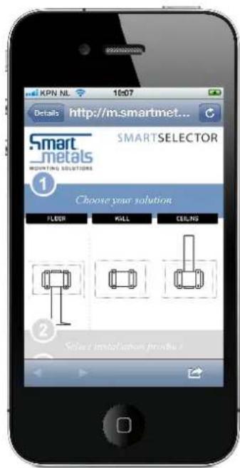 KPN NL 10:07 Details http://m.smartmet... SMARTSELCTOR SMART_metals MOVATING SOLUTIONS Choose your solution FLUOR WALL CEILING Select installation preview 1
