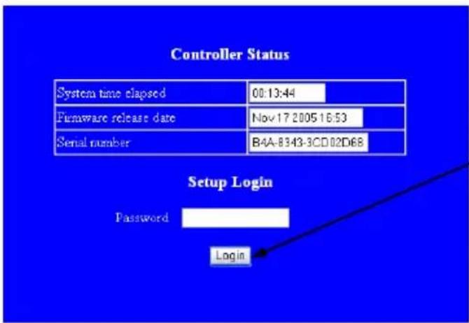 Controller Status System time elapsed 00:13:44 Firmware release date Nov-17 2005 16:53 Serial number B4A-8343-3CD02D68 Setup Login Password Login