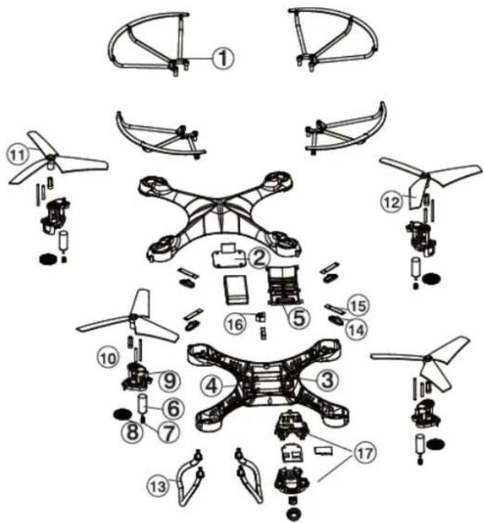 Exploded view diagram of a drone with numbered parts for identification and assembly reference.