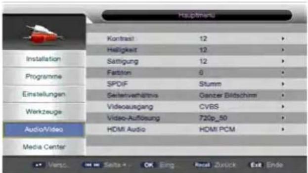 Hauptmanu Kontrast 12 Heiligkeit 12 Sättigung 12 Fattston 0 SPDIF Stumm Seitelverhältnis Ganzer Bildschirm Videoausgang CVBS Video-Aufösung 720p_50 HDMI Audio HDMI PCM Audio/Video Media Center Versc. Seita OK Eng Real Zurück Exit Ende