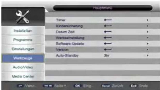 Hauptmenü Timer ← > Kindensicherung ← > Datum Zeit ← > Werkseinstellung ← > Software-Update ← > Version ← > Auto-Standby 3hr > Media Center Verz: Edit OK Sell Cancel Zurück Exit Endo