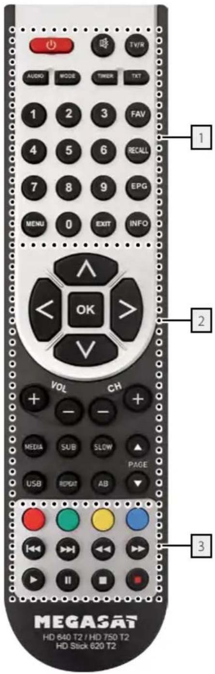 TV/R AUDIO MODE TIMER TXT 1 2 3 FAV 4 5 6 RECALL 7 8 9 EPG MENU 0 EXIT INFO OK VOL CH MEDIA SUB SLOW PAGE USB REPAT AB MEGASAT HD 640 T2 / HD 750 T2 HD Stick 620 T2