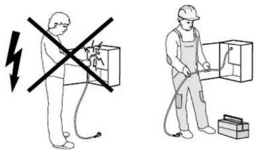 Safety warning illustration showing a worker using a power tool to prevent electrical hazard, with a lightning bolt symbol indicating no hazard.