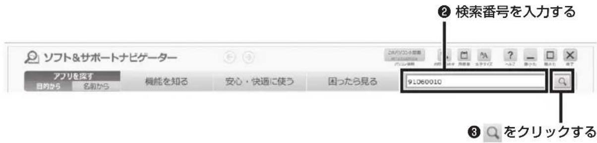 ソフト&サポートナビゲーター アフリを探す 目的から 名前から 機能を知る 安心・快適に使う 困ったら見る 91060010 ② 検索番号を入力する ③ ケをクリックする