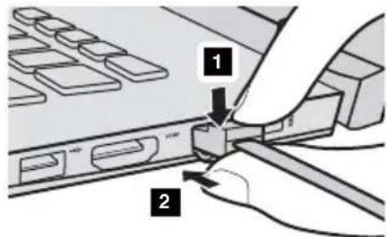 Diagram showing a hand operating a device with labeled parts, including numbered callouts and directional arrows.