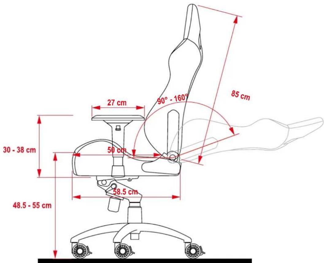 27 cm 90° - 160° 85 cm 30 - 38 cm 50 cm 58.5 cm 48.5 - 55 cm