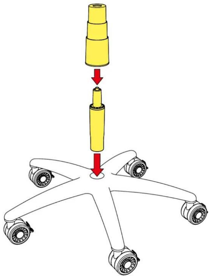 Diagram showing a mechanical assembly with a yellow component being inserted into a star-shaped base, indicated by red arrows.
