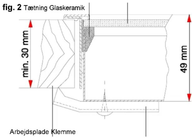fig. 2 Tætning Glaskeramik min. 30 mm 49 mm Arbejdsplade Klemme