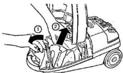 Diagram showing hands operating a vacuum cleaner with labeled parts ① and ②