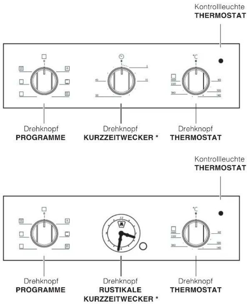 Kontrollleuchte THERMOSTAT Drehknopf PROGRAMME Drehknopf KURZZEITWECKER * Drehknopf THERMOSTAT Kontrollleuchte THERMOSTAT Drehknopf PROGRAMME Drehknopf RUSTIKALE KURZZEITWECKER * Drehknopf THERMOSTAT
