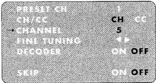 PRESET CH CH/CC → CHANNEL FINE TUNING DECODEI SKIP 1 CH CC 5 ON OFF ON OFF