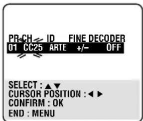 PR-CH ID FINE DECODER 01 CC25 ARTE +/- OFF SELECT : ▲▼ CURSOR POSITION : ◀► CONFIRM : OK END : MENU