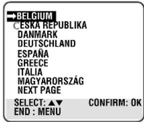 BELGIUM CESKA REPUBLIKA DANMARK DEUTSCHLAND ESPAÑA GREECE ITALIA MAGYARORSZÁG NEXT PAGE SELECT: ▲▼ CONFIRM: OK END : MENU