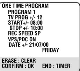 ONE TIME PROGRAM PROGRAM 1 TV PROG +/- 12 START+/- 08:00 STOP +/- 10:00 REC SPEED SP VPS/PDC ON DATE +/- 21/07/00 FRIDAY ERASE : CLEAR CONFIRM : OK END : TIMER
