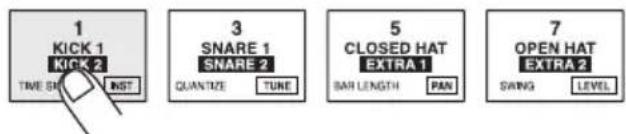 1 KICK 1 KICK 2 TIME SH INST 3 SNARE 1 SNARE 2 QUANTIZE TUNE 5 CLOSED HAT EXTRA 1 BAR LENGTH PAN 7 OPEN HAT EXTRA 2 SWING LEVEL