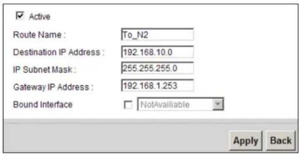 Active Route Name : To_N2 Destination IP Address : 192.168.10.0 IP Subnet Mask : 255.255.255.0 Gateway IP Address : 192.168.1.253 Bound Interface □ NotAvailable Apply Back