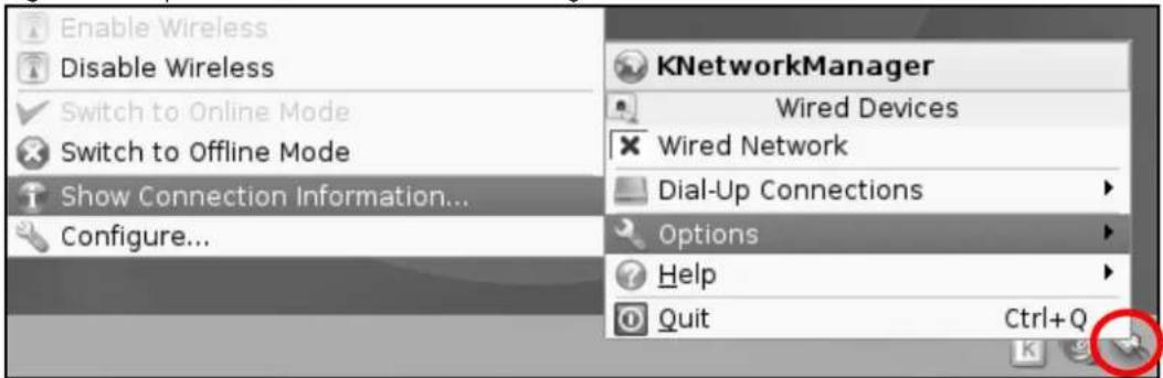 Enable Wireless Disable Wireless Switch to Online Mode Switch to Offline Mode Show Connection Information... Configure... KNetworkManager Wired Devices Wired Network Dial-Up Connections Options Help Quit Ctrl+Q