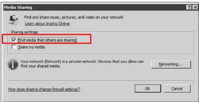 Media Sharing Find and share music, pictures, and video on your network Learn about sharing Online Sharing settings ✓ End media that others are sharing Share my media Your network (Network) is a private network. Devices that you allow can find your shared media. Networking... How does sharing change firewall settings? OK Cancel