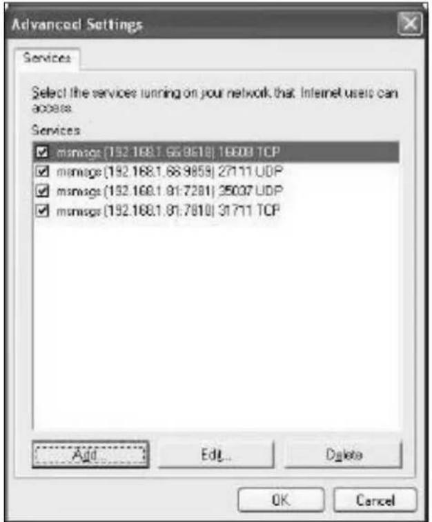 Advanced Settings Services Select the services running on your network that Internet users can access Services ✓ msnags (192.168.1.66.9610) 16609 TCP ✓ msnags (192.168.1.66.9659) 27111 UDP ✓ msnags (192.168.1.91.7281) 35007 UDP ✓ msnags (192.168.1.91.7810) 31711 TCP Add... Edit... Delete OK Cancel