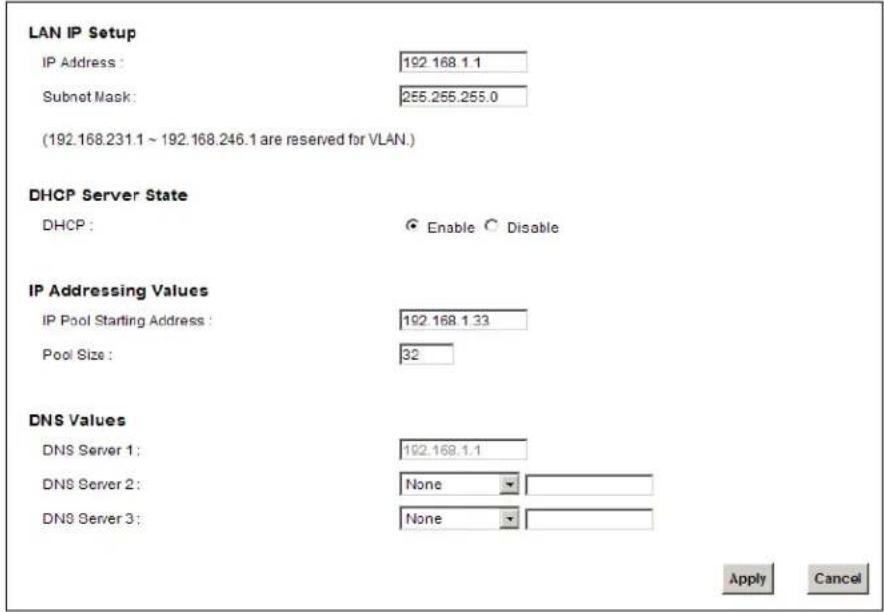 LAN IP Setup IP Address : 192.168.1.1 Subnet Mask : 255.255.255.0 (192.168.231.1 ~ 192.168.246.1 are reserved for VLAN.) DHCP Server State DHCP : Enable Disable IP Addressing Values IP Pool Starting Address : 192.168.1.33 Pool Size : 32 DNS Values DNS Server 1 : 192.168.1.1 DNS Server 2 : None DNS Server 3 : None Apply Cancel