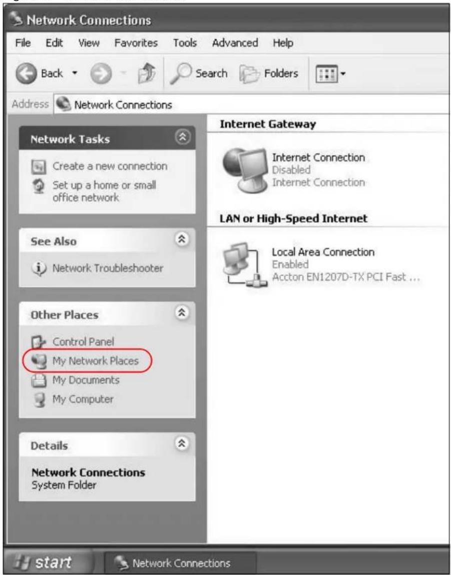 Network Connections File Edit View Favorites Tools Advanced Help Back Search Folders Address Network Connections Network Tasks Create a new connection Set up a home or small office network See Also Network Troubleshooter Other Places Control Panel My Network Places My Documents My Computer Details Network Connections System Folder Internet Gateway Internet Connection Disabled Internet Connection LAN or High-Speed Internet Local Area Connection Enabled Accton EN1207D-TX PCI Fast ...