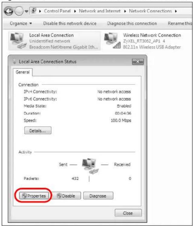 Control Panel > Network and Internet > Network Connections > Organize < Disable this network device Diagnose this connection Renamethis Local Area Connection Unidentified network Broadcom NetXtreme Gigabit Eth... Wireless Network Connection ZyXEL_RT3062_AP1 4 802.11n Wireless USB Adapter Local Area Connection Status General Connection IPv4 Connectivity: No network access IPv6 Connectivity: No network access Media State: Enabled Duration: 00:04:36 Speed: 100.0 Mbps Details... Activity Sent — Received Packets: 432 0 Properties Disable Diagnose Close