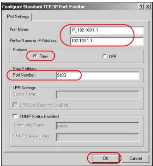 Configure Standard TCP/IP Port Monitor Port Settings Port Name: IP_192.168.1.1 Printer Name or IP Address: 192.158.1.1 Protocol Raw LPR Raw Settings Port Number: 9100 LPR Settings Queue Name: LPR Byte Counting Enabled SNMP Status Enabled Community Name: public SNMP Device Index: 1 OK Cancel