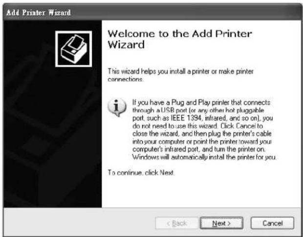 Add Printer Wizard Welcome to the Add Printer Wizard This wizard helps you install a printer or make printer connections. If you have a Plug and Play printer that connects through a USB port (or any other hot pluggable port, such as IEEE 1394, infrared, and so on), you do not need to use this wizard. Click Cancel to close the wizard, and then plug the printer's cable into your computer or point the printer toward your computer's infrared port, and turn the printer on. Windows will automatically install the printer for you. To continue, click Next < Back Next > Cancel
