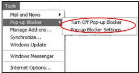 Tools Mail and News Pop-up Blocker Manage Add-ons... Synchronize... Windows Update Windows Messenger Internet Options... Turn Off Pop-up Blocker Pop-up Blocker Settings...