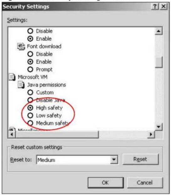 Security Settings Settings: Disable Enable Font download Disable Enable Prompt Microsoft VM Java permissions Custom Disable Java High safety Low safety Medium safety Reset custom settings Reset to: Medium Reset OK Cancel