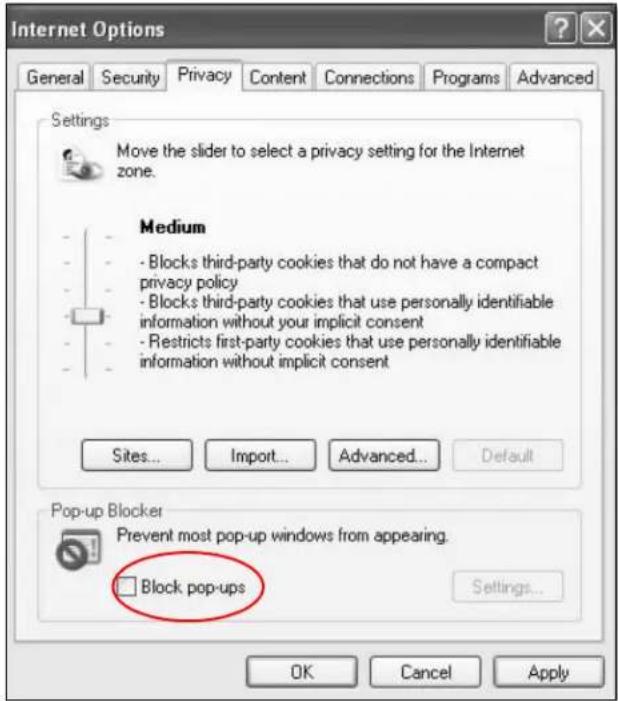 Internet Options General Security Privacy Content Connections Programs Advanced Settings Move the slider to select a privacy setting for the Internet zone. Medium - Blocks third-party cookies that do not have a compact privacy policy - Blocks third-party cookies that use personally identifiable information without your implicit consent - Restricts first-party cookies that use personally identifiable information without implicit consent Sites... Import... Advanced... Default Pop-up Blocker Prevent most pop-up windows from appearing. Block pop-ups Settings... OK Cancel Apply