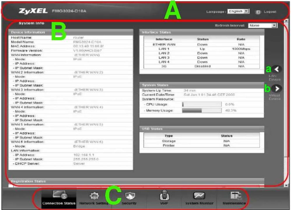 ZyXEL FMG3024-D10A Language: English Logost System Info B Refresh Interval: None Device Information Host Name: router Model Name: FMG3024-D10A MAC Address: 00.13.49 11.66.8f Firmware Version: V1.00(AACI 0)97 WAN Information: (ETHER WAN) - Mode: IPoE - IP Address: - IP Subnet Mask: WAN 2 Information: (ETHER WAN 2) - Mode: IPoE - IP Address: - IP Subnet Mask: WAN 3 Information: (ETHER WAN 3) - Mode: IPoE - IP Address: - IP Subnet Mask: WAN 4 Information: (ETHER WAN 4) - Mode: IPoE - IP Address: - IP Subnet Mask: WAN 5 Information: (ETHER WAN 5) - Mode: IPoE - IP Address: - IP Subnet Mask: WAN 6 Information: (ETHER WAN 6) - Mode: Bridge LAN Information: - IP Address: 192.168.1.1 - IP Subnet Mask: 255.255.255.0 - DHCP Server: Server Interface Status Interface Status Rate ETHER WAN Down N/A LAN 1 Up 1000Mbps LAN 2 Down N/A LAN 3 Down N/A LAN 4 Down N/A 3G Disabled N/A System Status System Up Time: 34 min Current Date/Time Sat Jan 1 01:34:46 CET 2000 System Resource: - CPU Usage: 0.0% - Memory Usage: 49.3% USB Status Type Status Storage N/A Printer N/A Registration Status Connection Status Network Setting Security VoIP System Monitor Maintenance