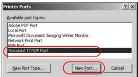 Printer Ports Available port types: Adobe PDF Port Local Port Microsoft Document Imaging Writer Monitor Network Print Port PDF Port Standard TCP/IP Port New Port Type... New Port... Cancel