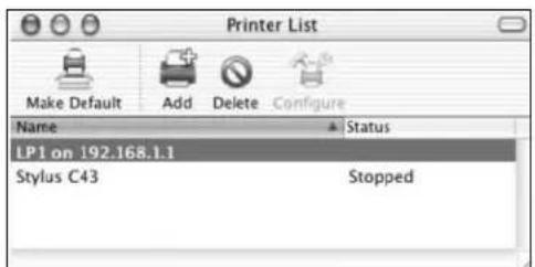 Printer List Make Default Add Delete Configure Name Status LP1 on 192.168.1.1 Stylus C43 Stopped