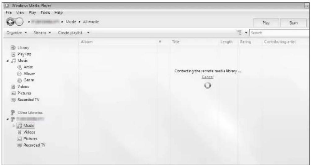 Windows Media Player File View Play Tools Help Music All music Organize Stream Create playlist Search Library Playlists Music Artist Album Genre Videos Pictures Recorded TV Other Libraries Music Videos Pictures Recorded TV Album Title Length Rating Contributing artist Contacting the remote media library ... Cancel