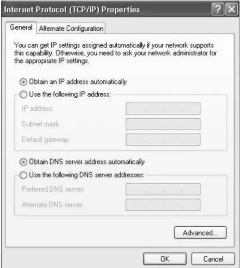 Internet Protocol (TCP/IP) Properties General Alternate Configuration You can get IP settings assigned automatically if your network supports this capability. Otherwise, you need to ask your network administrator for the appropriate IP settings. Obtain an IP address automatically Use the following IP address: IP address: Subnet mask: Default gateway: Obtain DNS server address automatically Use the following DNS server addresses: Preferred DNS server: Alternate DNS server: Advanced... OK Cancel