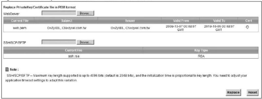 Replace PrivateKey/Certificate file in PEM format WebServer Browse... Current File Subject Issuer Valid From Valid To Cert web.pem O=ZyXEL, CN=zyrel.com.tw O=ZyXEL, CN=zyxel.com.tw 2009-10-07 00:48:07 GMT 2019-10-05 00:48:07 GMT SSH/SCP/SFTP Browse... Current File Key Type ssh.rsa RSA Note: SSH/SCP/SFTP – Maximum key length supported is up to 4096 bits (default is 2048 bits), and the initialization time is proportional to key length. You need to adjust your application timeout settings to adapt this variation. Replace Reset