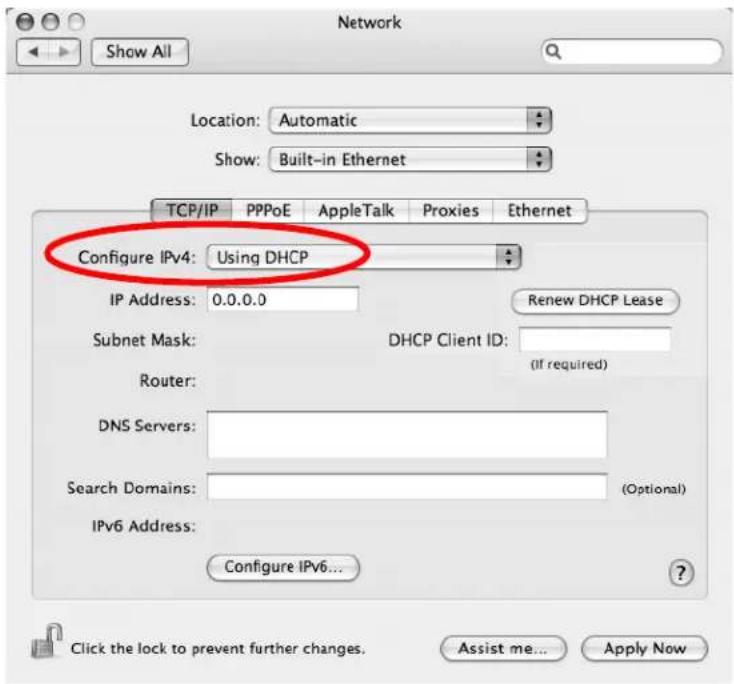 Network Show All Location: Automatic Show: Built-in Ethernet TCP/IP PPPoE AppleTalk Proxies Ethernet Configure IPv4: Using DHCP IP Address: 0.0.0.0 Renew DHCP Lease Subnet Mask: DHCP Client ID: Router: (If required) DNS Servers: Search Domains: (Optional) IPv6 Address: Configure IPv6... Click the lock to prevent further changes. Assist me... Apply Now