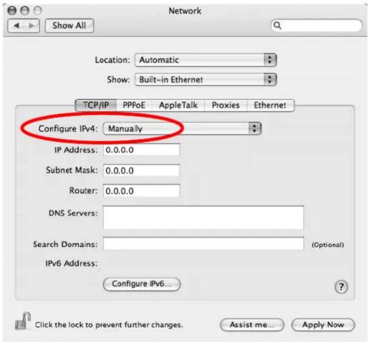 Network Show All Location: Automatic Show: Built-in Ethernet TCP/IP PPPoE AppleTalk Proxies Ethernet Configure IPv4: Manually IP Address: 0.0.0.0 Subnet Mask: 0.0.0.0 Router: 0.0.0.0 DNS Servers: Search Domains: (Optional) IPv6 Address: Configure IPv6... Click the lock to prevent further changes. Assist me... Apply Now