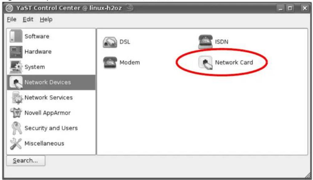 YaST Control Center @ linux-h2oz File Edit Help Software Hardware System Network Devices Network Services Novell AppArmor Security and Users Miscellaneous DSL Modem ISDN Network Card Search...