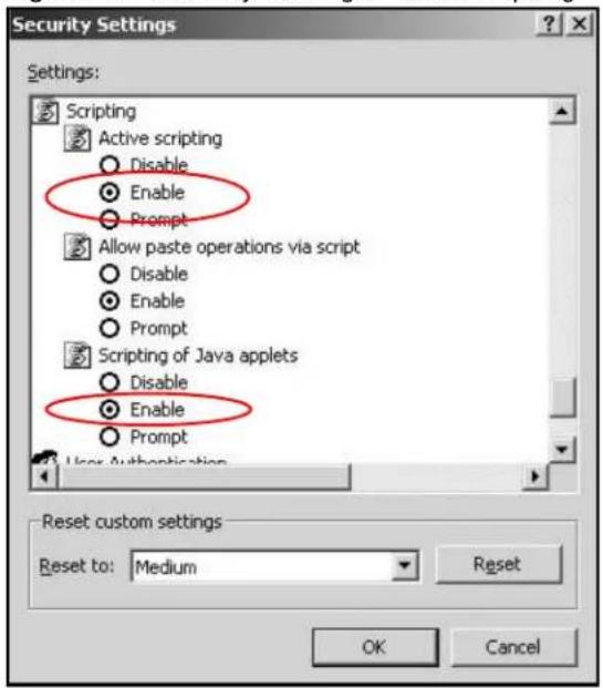 Security Settings Settings: Scripting Active scripting Disable Enable Prompt Allow paste operations via script Disable Enable Prompt Scripting of Java applets Disable Enable Prompt User Authentication Reset custom settings Reset to: Medium Reset OK Cancel