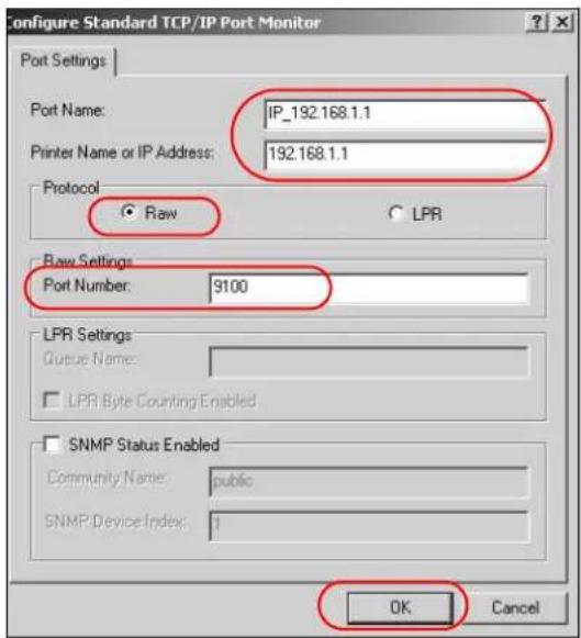 Configure Standard TCP/IP Port Monitor Port Settings | Port Name: IP_192.168.1.1 Printer Name or IP Address: 192.168.1.1 Protocol Raw LPR Raw Settings: Port Number: 9100 LPR Settings Queue Name: LPR Byte Counting Enabled SNMP Status Enabled Community Name: public SNMP Device Index: 1 OK Cancel