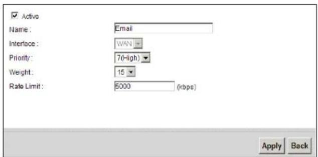 ✓ Active Name: Email Interface: WAN Priority: 7(-igh) Weight: 15 Rate Limit: 5000 (kbps) Apply Back