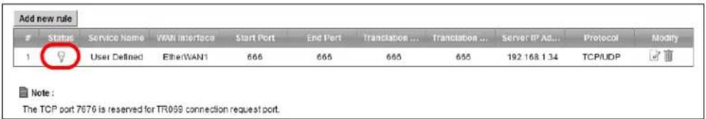 Add new rule Status Service Name WAN Interface Start Port End Port Translation ... Translation ... Server IP Ad... Protocol Modify 1 User Defined Ether/WAN1 666 666 665 665 192 168 1 34 TCP/UDP Note : The TCP port 7676 is reserved for TR099 connection request port.
