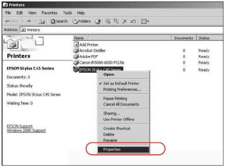 Printers File Edit View Favorites Tools Help Back Search Folders Address Printers Name Documents Status Add Printer Acrobat Distiller 0 Ready Adobe PDF 0 Ready Canon IR5000-6000 PCL5e 0 Ready EPSON Stylus C45 Series 0 Ready Open Set as Default Printer Printing Preferences... Pause Printing Cancel All Documents Sharing... Use Printer Offline Create Shortcut Delete Rename Properties EPSON Support Windows 2000 Support