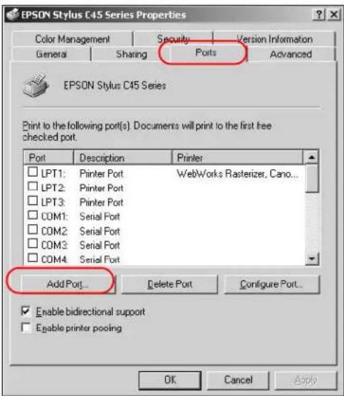 EPSON Stylus C45 Series Properties Color Management Security Version Information General Sharing Ports Advanced EPSON Stylus C45 Series Print to the following port(s). Documents will print to the first free checked port. Port Description Printer LPT1: Pinter Port WebWorks Rasterizer, Cano... LPT2: Pinter Port LPT3: Pinter Port COM1: Serial Port COM2: Serial Port COM3: Serial Port COM4: Serial Port Add Port... Delete Port Configure Port... Enable bidirectional support Enable printer pooling OK Cancel Apply